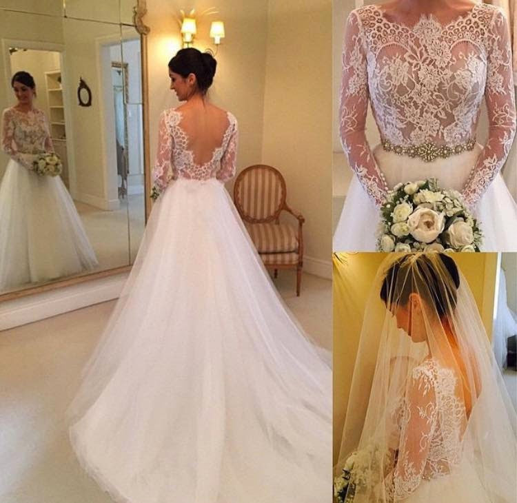 Romantic Back V Long Sleeves Lace Chapel Bridal Gown Wedding Dresses Laurafashionshop 8645