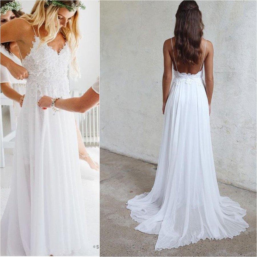 Open Back White Lace Spaghetti Straps Beach Wedding Dress Bridal