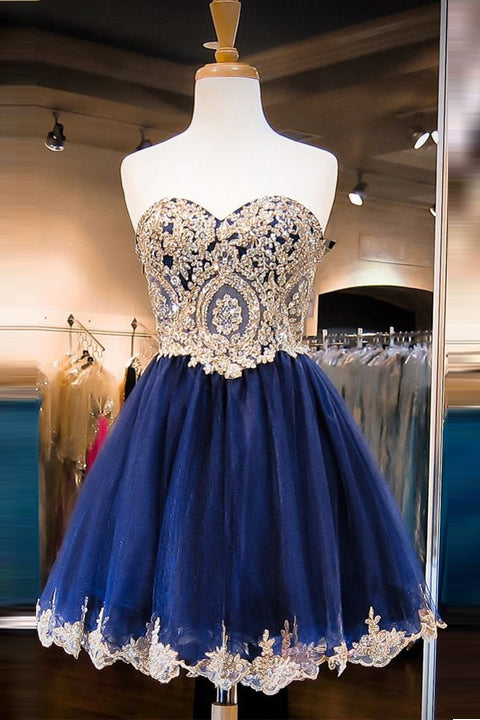 Fashion Gold Lace Navy Blue Short Prom Dresses Homecoming Dress Gowns