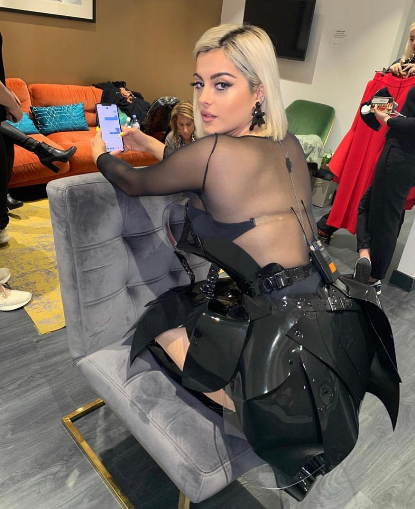 Bebe Rexha wearing Jivomir Domoustchiev black sculpture dress