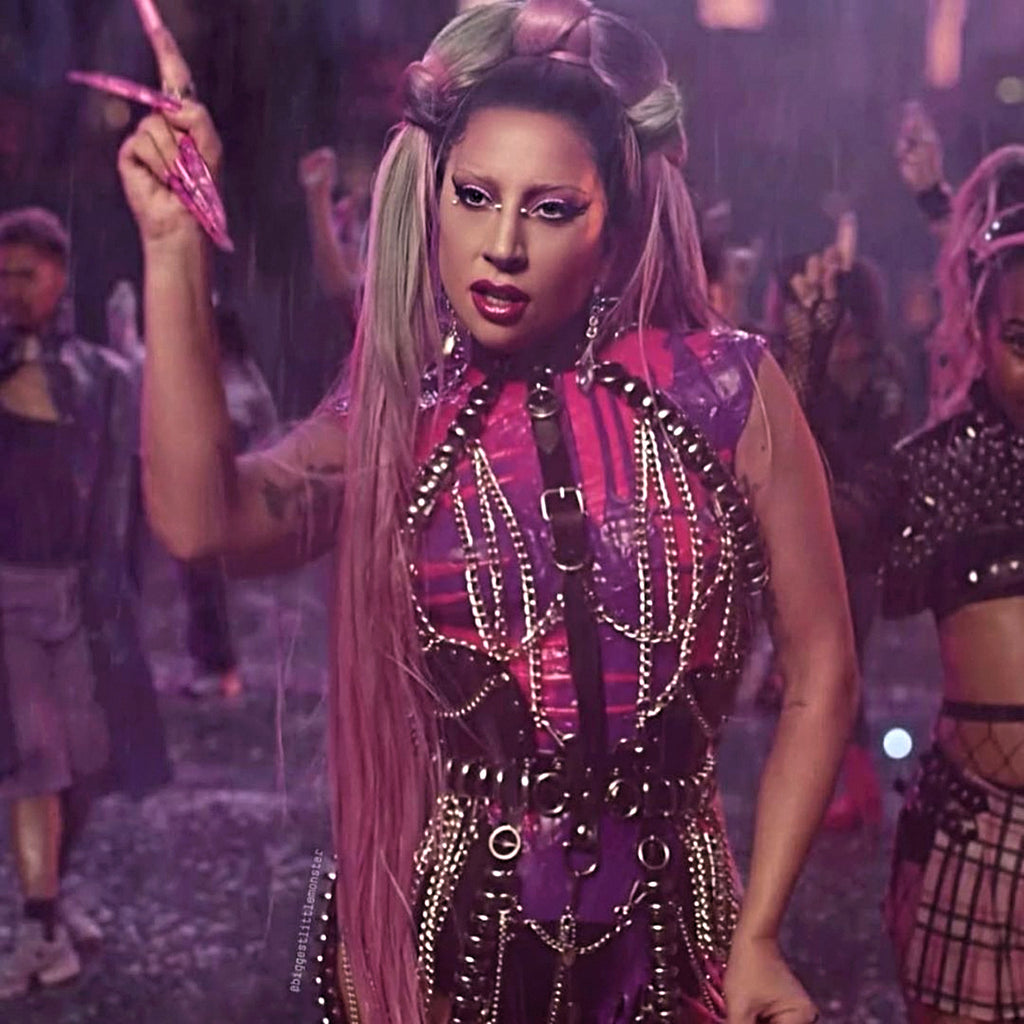 Lady Gaga wearing Jivomir Domoustchiev Vegan Vinyl multi ring chain harness dress Rain On Me music video