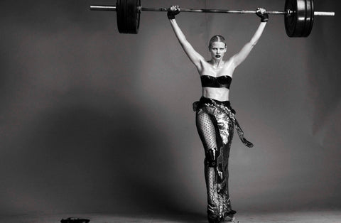 Lara Stone wears Jivomir Domoustchiev knee pad for Vogue Italia styled by Patti Wilson shots Steven Klein