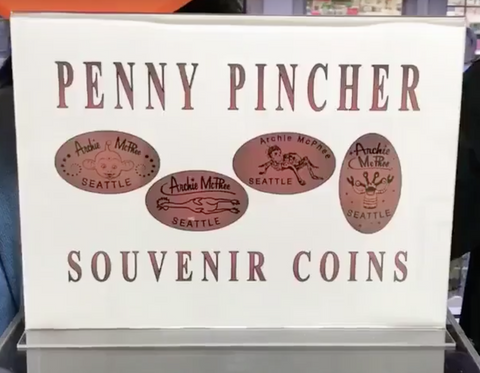 The four designs of pressed penny at Archie McPhee pennies