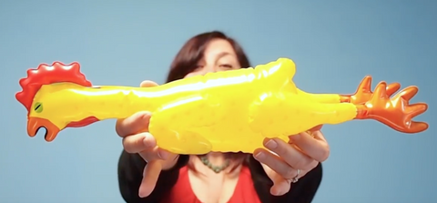 Inflatable Rubber Chicken being held by Shana