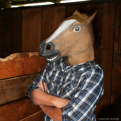 Man in horse mask standing in a stable with arms crossed