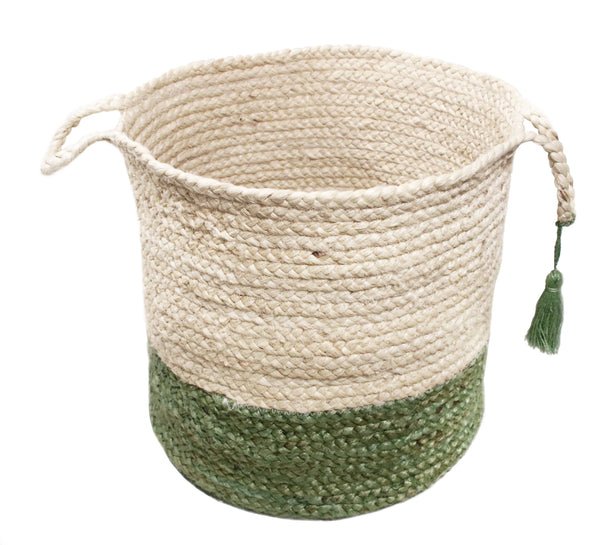 Two-Tone Jute Storage Basket with Handles - Medium