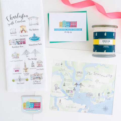 An array of gift ideas with a Charleston theme, featuring landmarks like Rainbow Row, Waterfront Park and the Ravenel Bridge.