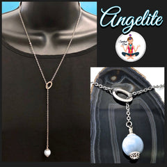 Angelite Energy Healing Reiki Gemstone Lariat Angel Crystal Necklace - Spiritual Diva Jewelry