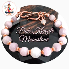 Pink Kunzite Moonstone Energy Healing Crystal Reiki copper Gemstone Stretch Bracelet - Spiritual Diva Jewelry