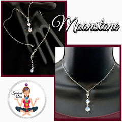 Moonstone Sterling Silver 3 stone healing crystal reiki choker gemstone Y necklace - Spiritual Diva
