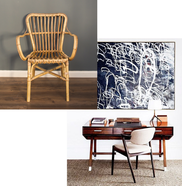 a vintage bamboo chair next to an image of an office with a large blue painting