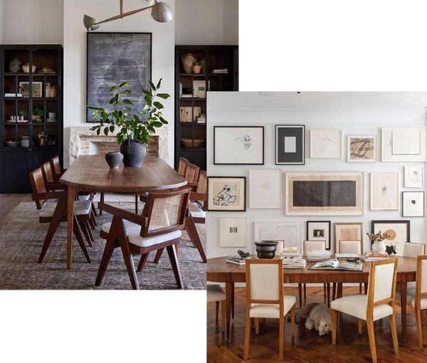 various pieces of monochrome artwork arranged above dining tables