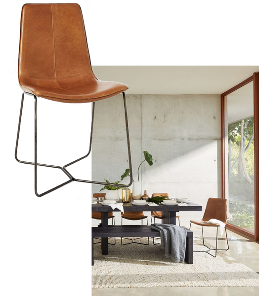 sloping brown leather chairs styled in a modern dining room