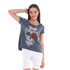 Anthracite Stone Washed Rose Skull Printed Cotton Women Scoop Neck T-shirt