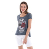 Anthracite Stone Washed Rose Skull Printed Cotton Women Scoop Neck T-shirt