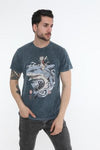 Stone Washed Effect Catana Shark ArtPrinted CottonT-shirt