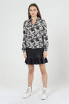 Animal & FloralWhite &Black Dog Rose Print Long Sleeve Casual Shirt