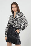 Animal & FloralWhite &Black Dog Rose Print Long Sleeve Casual Shirt