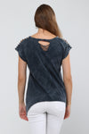 Anthracite Fish Bone Print Ripped Shoulder& Hem Stone Washed Top