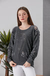 Stone Washed RippedShinny Stone and Chain Skull Cotton Women Sweatshirt