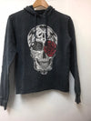 Anthracite Stone WashedRose & Skull Print Crop Top Hoodie