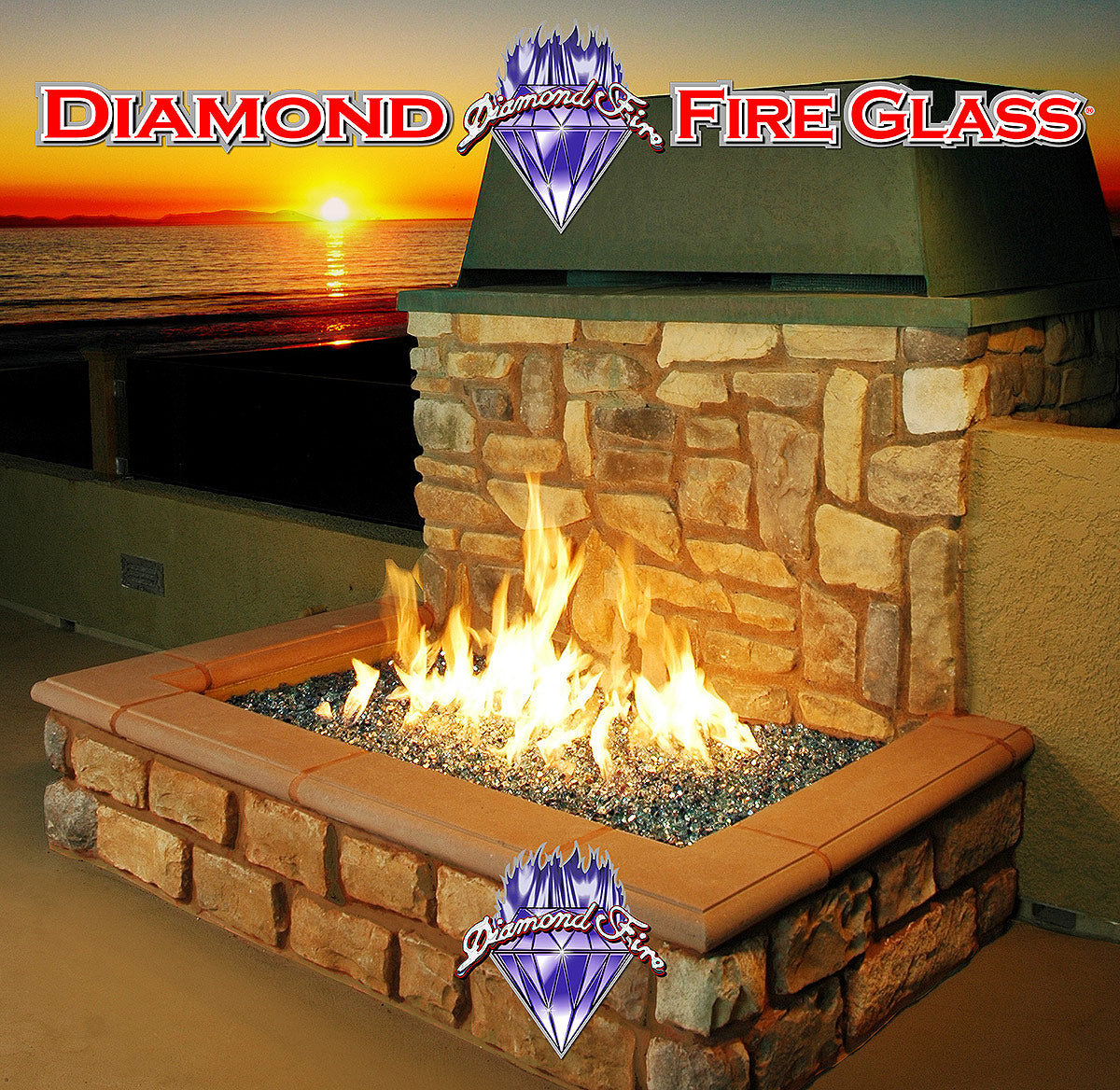 Blue and Teal reflective fire pit fireplace glass installed in a rooftop beachfront outdoor fire pit