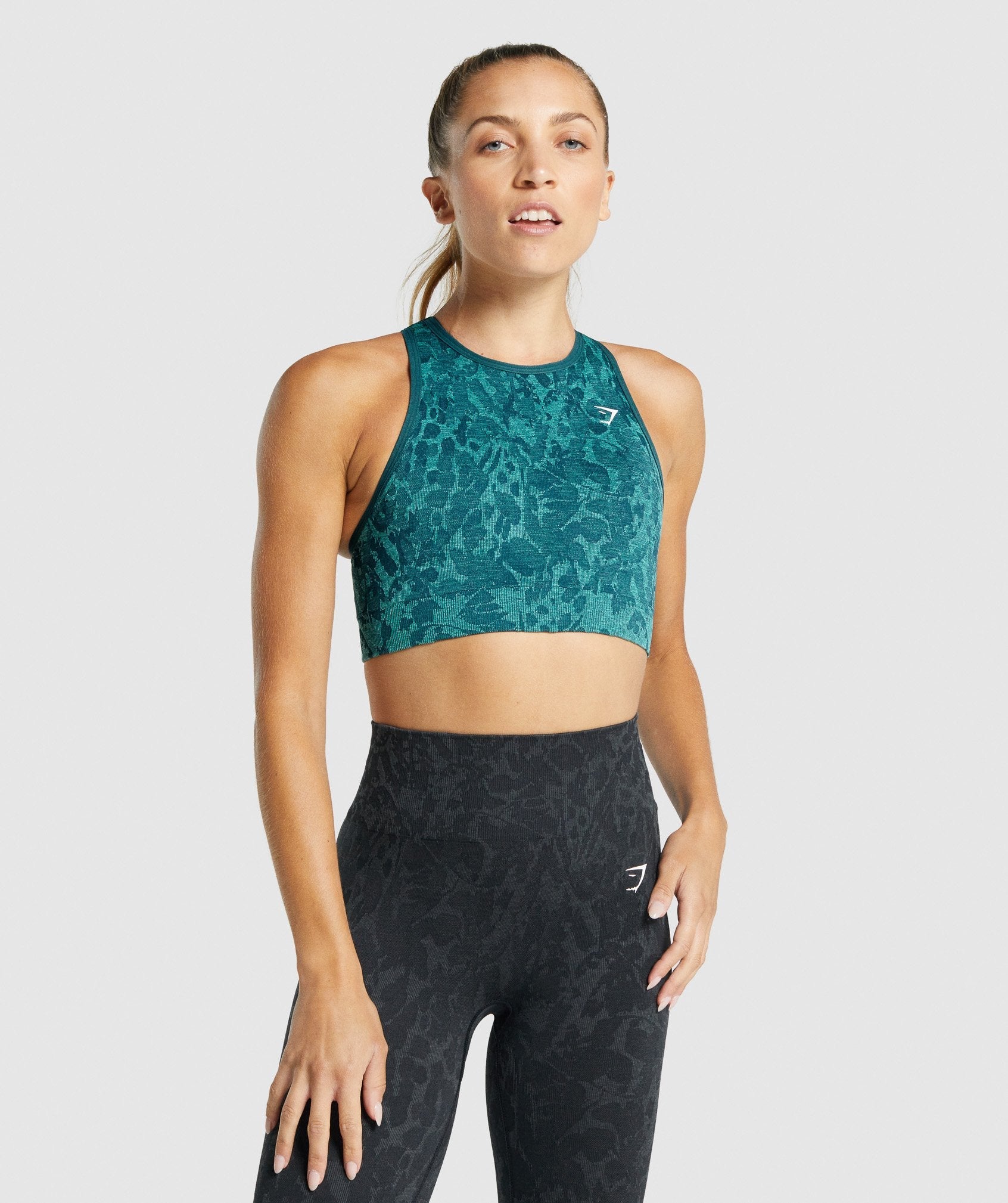 Gymshark Adapt Animal Seamless Teal Blue Strappy Padded Sports Bra