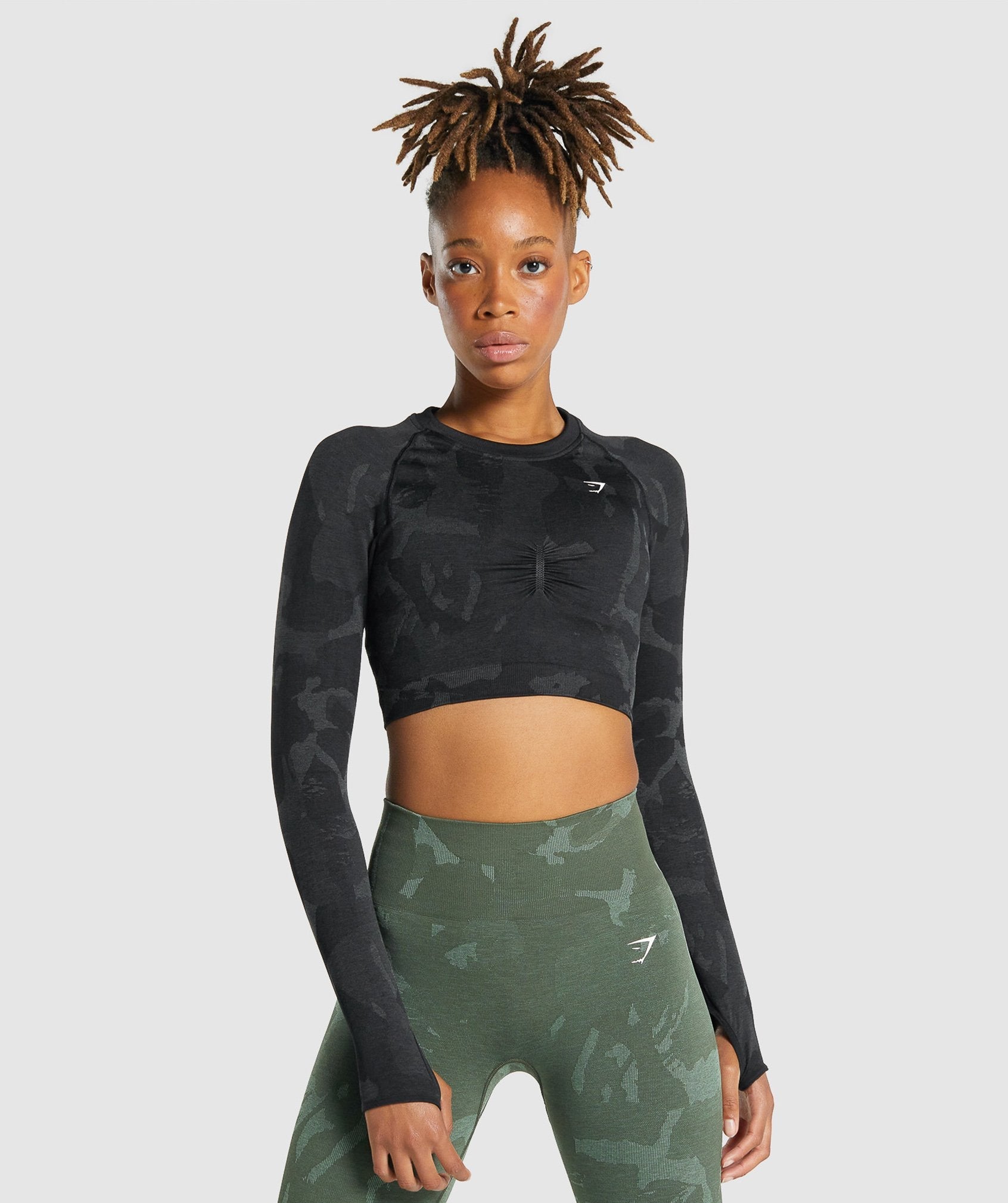 Gymshark Adapt Camo Seamless Long Sleeve Crop Top - Savanna