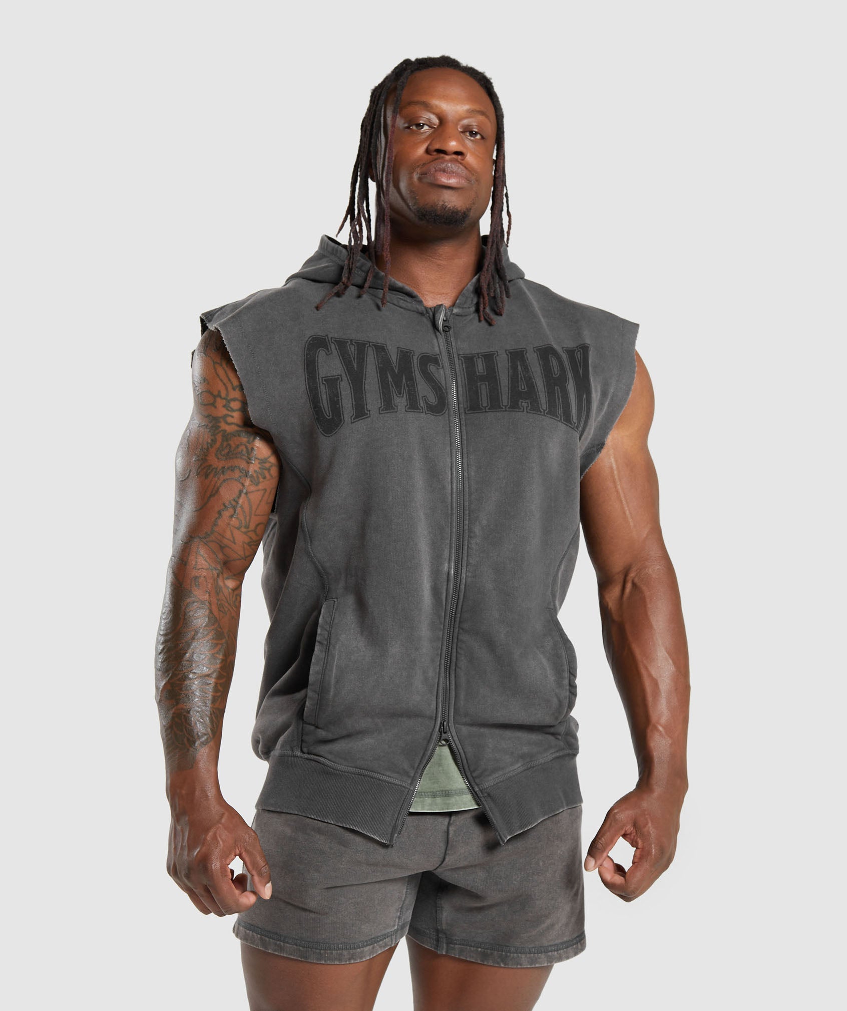 Gymshark Heritage Washed Sleeveless Zip Hoodie - Onyx Grey