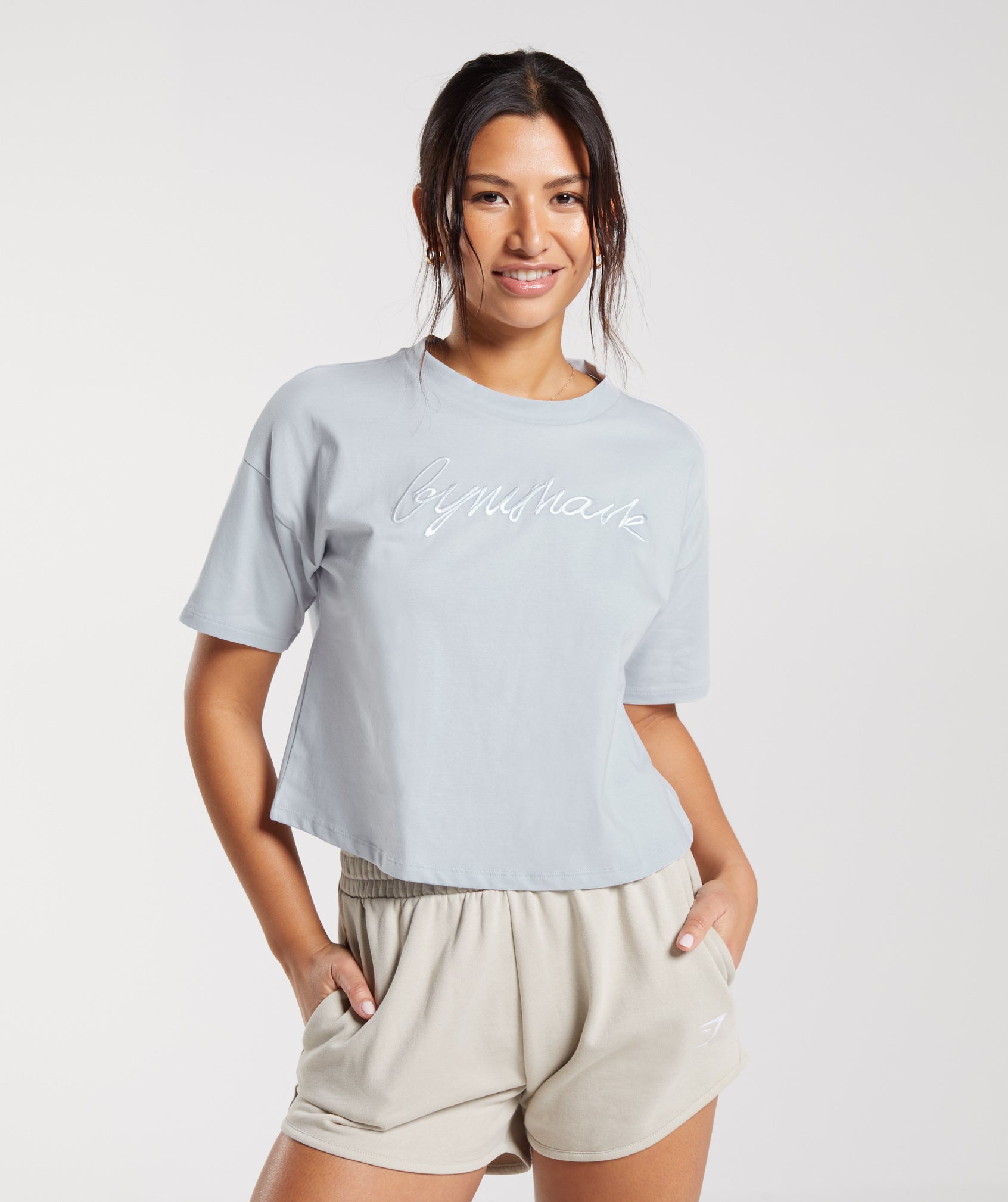 Gymshark Embroidered Graphic Midi T-Shirt - River Stone Grey