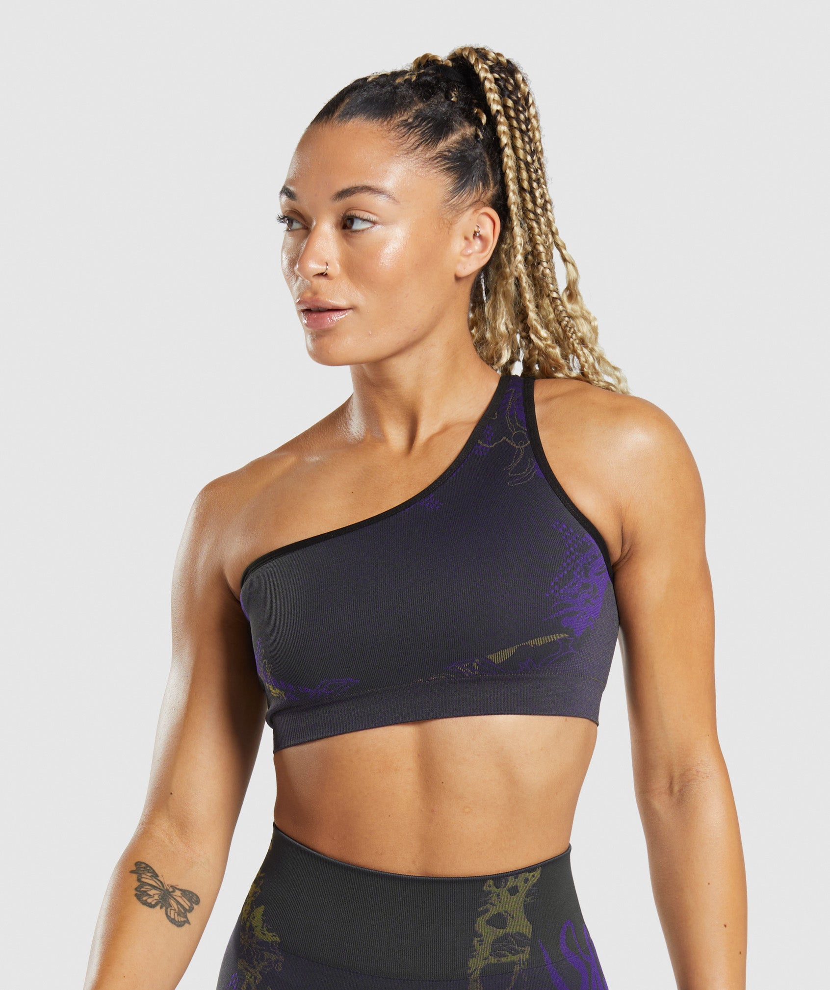 Gymshark WTFlex Seamless One Shoulder Sports Bra - Black/Neptune Purple/ Reactive Green
