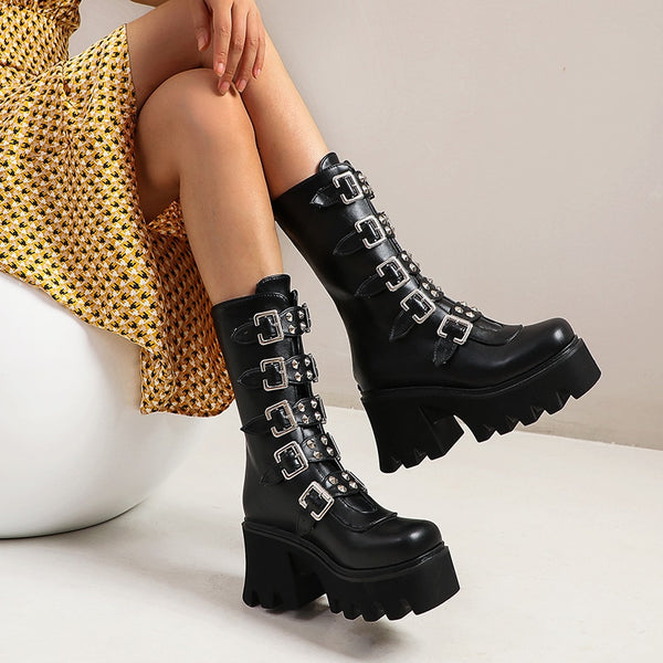 Gothic Black Buckle Strap Boots