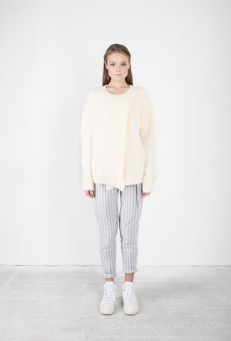 OSKAR white knit open front jumper and white and blue striped pants with tie