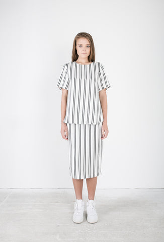 OSKAR white striped curved hemline top and midi skirt