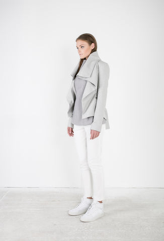 OSKAR grey woollen trench jacket and white skinny leg pants