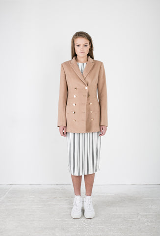 OSKAR camel double-breasted woollen trench and white striped midi skirt