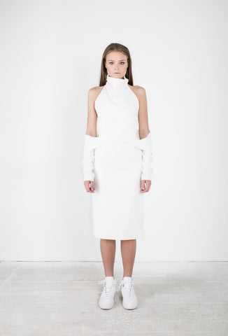 OSKAR white skivvy dress with draping sleeves