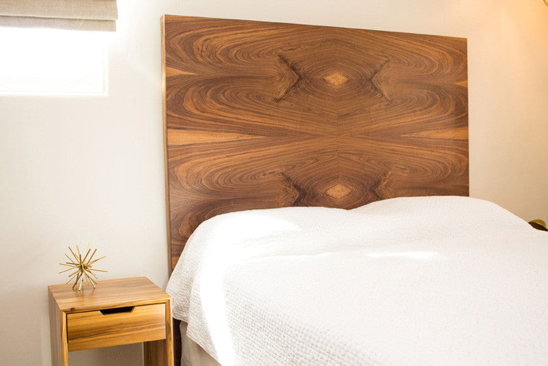 Custom handmade walnut wood headboard with bookmatched grain  
