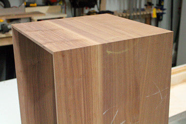 Walnut end table with mitered waterfall edge after glue up