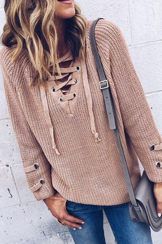 dusty rose lace up sweater