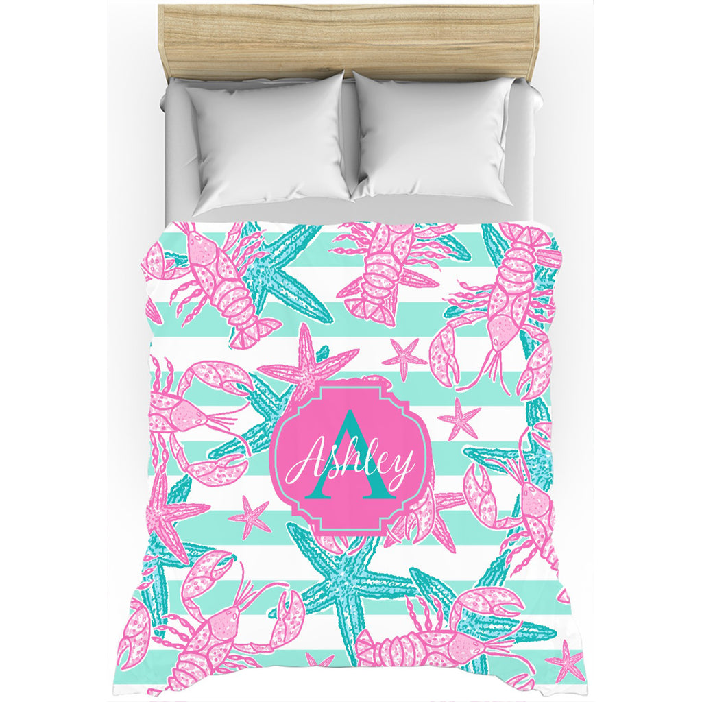 Mint Stripe Lobstar Personalized Duvet Cover Twin Queen King