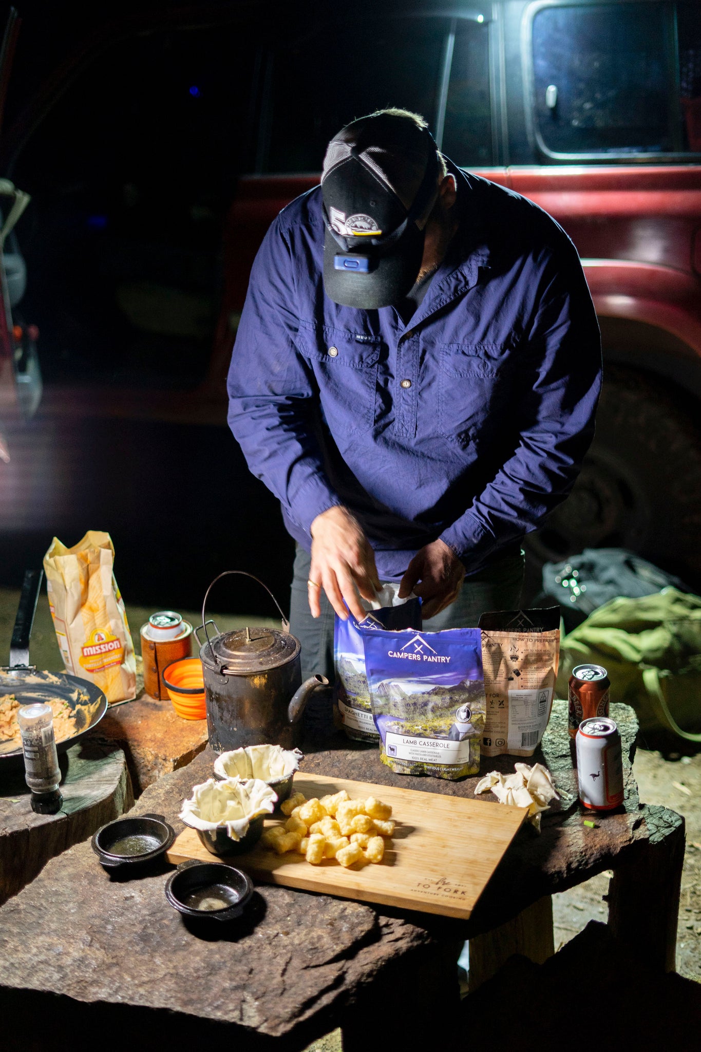 Cast iron campfire pies preparation 