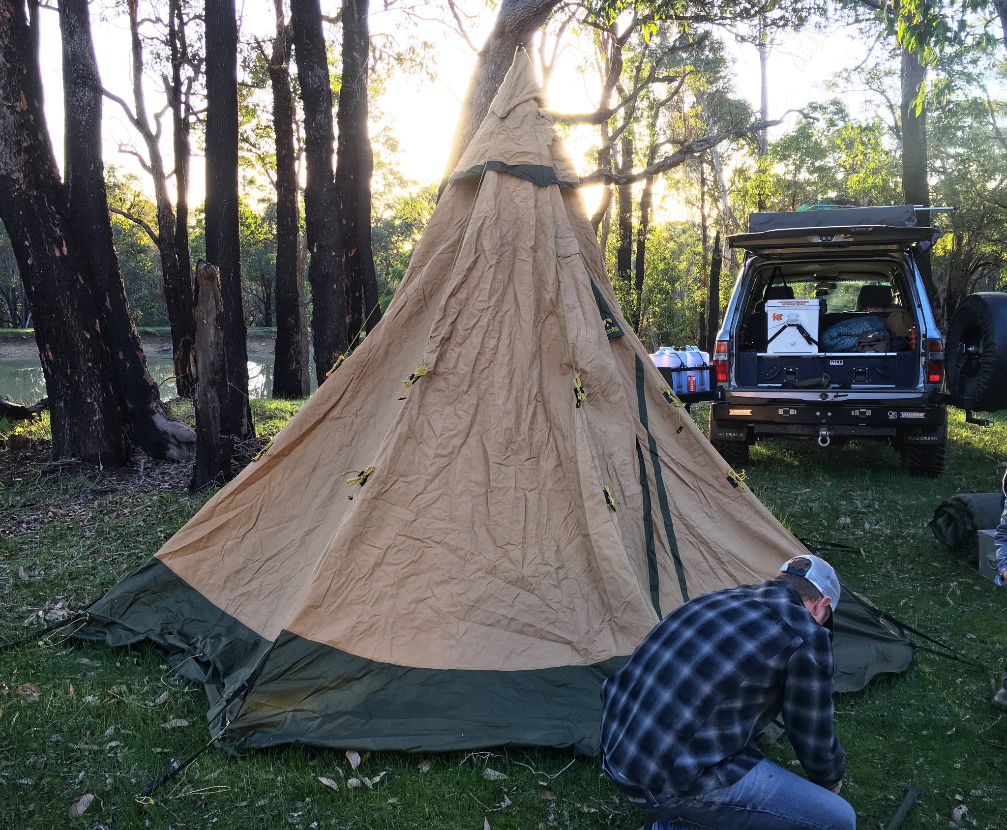 Tentipi of Sweden manufacture tipis for outdoor enthusiasts around the world. Very high quality materials and fabrics are used to form in our mind the best tents in the world. We used ours on a 6 month trip around Australia and loved it's breathability and easy pitch. Weighing in at 12kg it's not at all heavy and the size of 2 blocks of beer packed away if fits in most nooks in the wagon. We put ours on the floor behind the drivers seat so it was easy to get to. We will be using it for a upcoming trip to the Kimberley in Western Australia. We have used this tent on the Tele Track, Bloomfield Track, Outback Queensland, Fraser Island to name a few.
