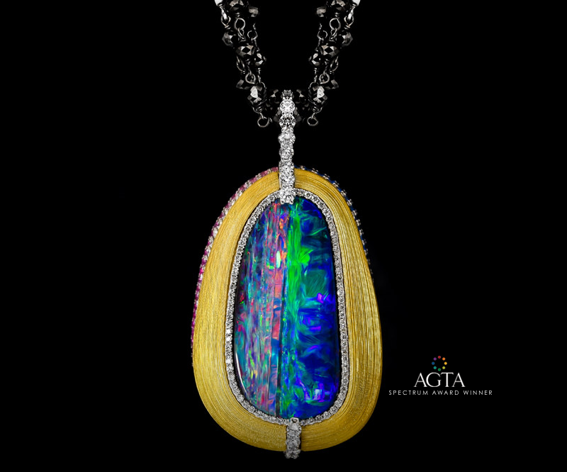 white and yellow gold opal necklace with sapphires and diamonds