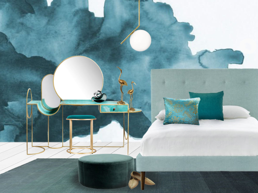 turquoise and gold bedroom with dressing table