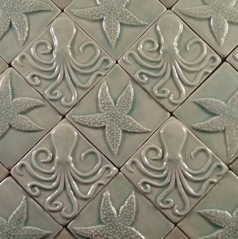 Handmade tiles with a sealife theme, four inches by four inches