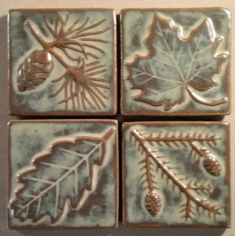 Handmade leaf tiles and pine tiles, autumn glaze four inches by four inches