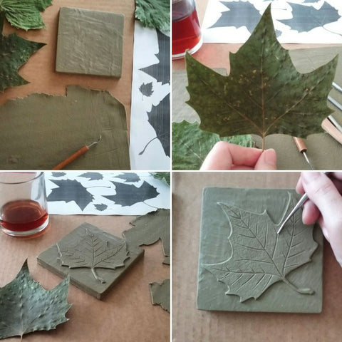 making a handmade tile with a leaf design