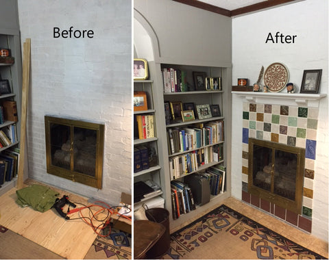 handmade tiles in a book nook, before and after