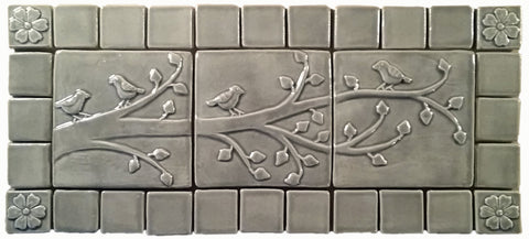 birds on a branch triptych three 6x6 ceramic handmade tiles with 2 border